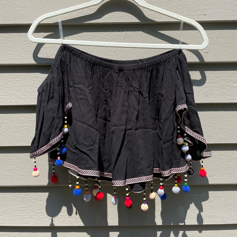 Surf Gypsy off the shoulder crop top with pom poms